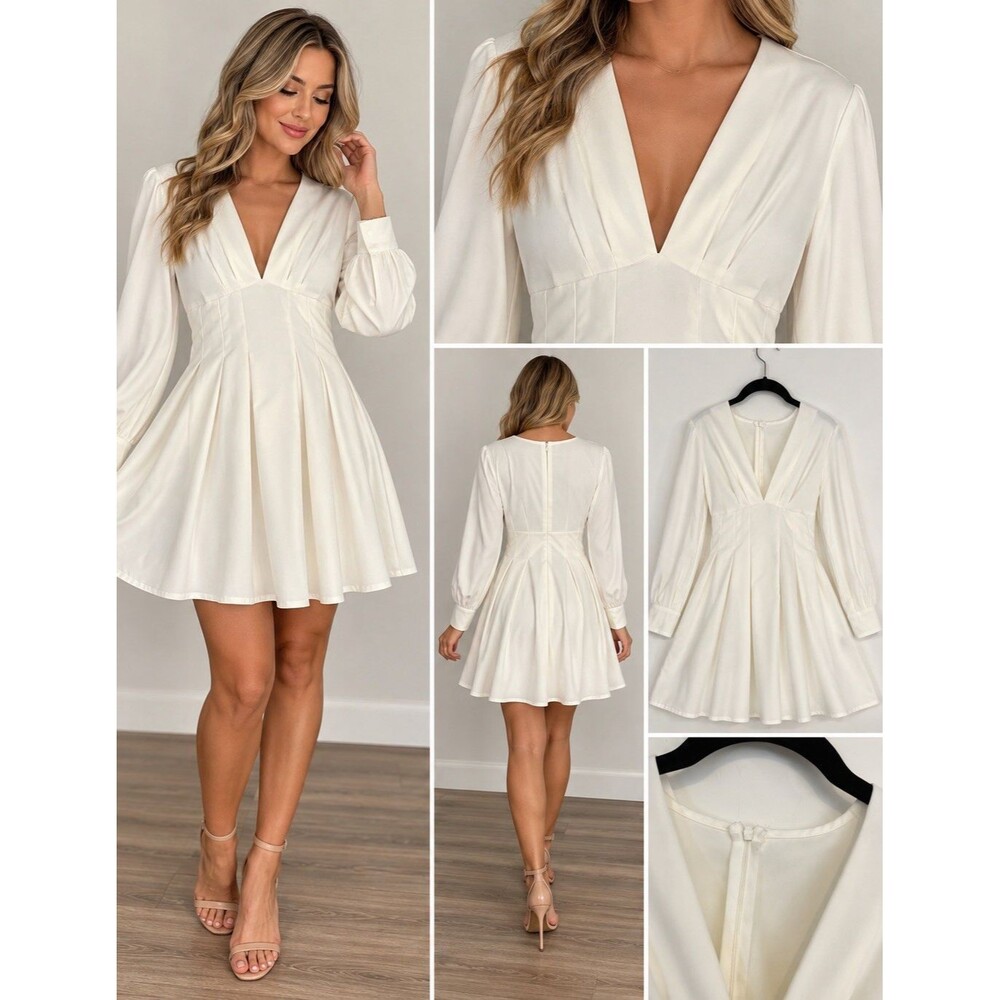 White Solid Pleated V-Neck Long Sleeve A-Line Mini Dress Women’s Regular XS